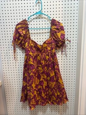 Olivaceous Mustard Yellow and Plum Floral Puff Sleeve Dress